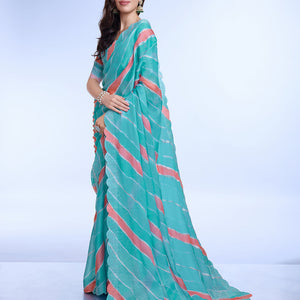 Blue Poly Chiffon Festival Saree With Blouse Piece