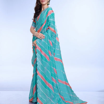Blue Poly Chiffon Festival Saree With Blouse Piece