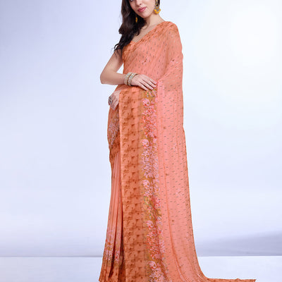 Peach Poly Chiffon Festival Saree With Blouse Piece
