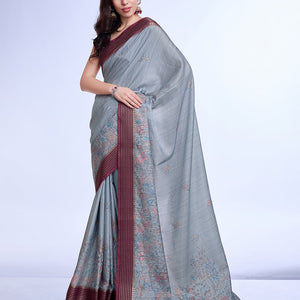Grey Poly Silk Daily Wear Saree With Blouse Piece
