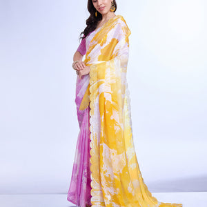 Yellow Poly Chiffon Festival Saree With Blouse Piece