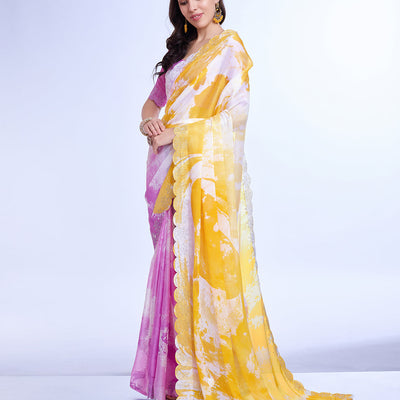 Yellow Poly Chiffon Festival Saree With Blouse Piece