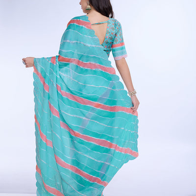 Blue Poly Chiffon Festival Saree With Blouse Piece