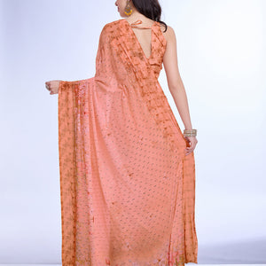 Peach Poly Chiffon Festival Saree With Blouse Piece