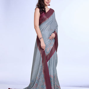 Grey Poly Silk Daily Wear Saree With Blouse Piece
