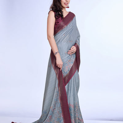 Grey Poly Silk Daily Wear Saree With Blouse Piece