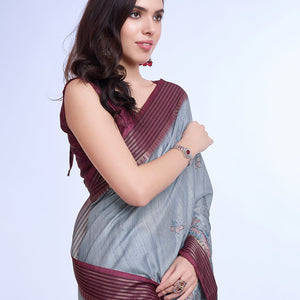 Grey Poly Silk Daily Wear Saree With Blouse Piece