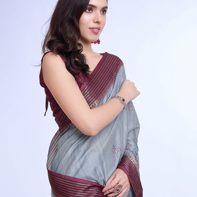 Grey Poly Silk Daily Wear Saree With Blouse Piece
