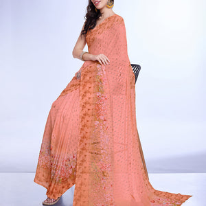 Peach Poly Chiffon Festival Saree With Blouse Piece