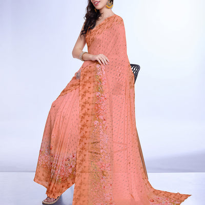 Peach Poly Chiffon Festival Saree With Blouse Piece