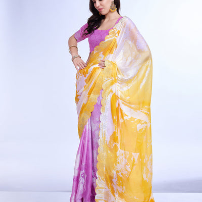 Yellow Poly Chiffon Festival Saree With Blouse Piece