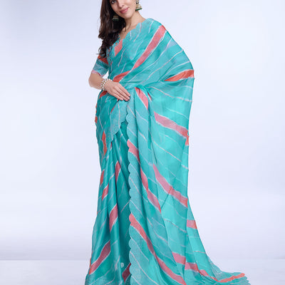 Blue Poly Chiffon Festival Saree With Blouse Piece