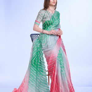 Green Poly Chiffon Festival Saree With Blouse Piece