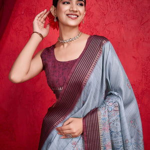 Grey Poly Silk Festival Saree With Blouse Piece