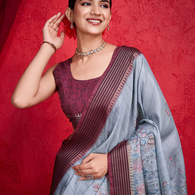 Grey Poly Silk Festival Saree With Blouse Piece