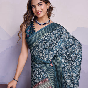 Blue Poly Silk Festival Saree With Blouse Piece