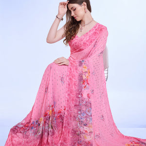 Pink Poly Chiffon Festival Saree With Blouse Piece
