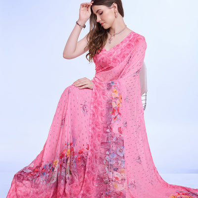 Pink Poly Chiffon Festival Saree With Blouse Piece