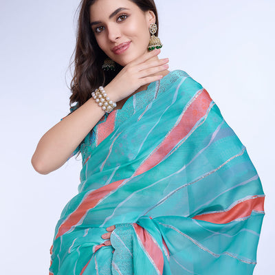 Blue Poly Chiffon Festival Saree With Blouse Piece