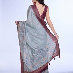 Grey Poly Silk Daily Wear Saree With Blouse Piece