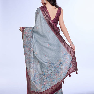Grey Poly Silk Daily Wear Saree With Blouse Piece