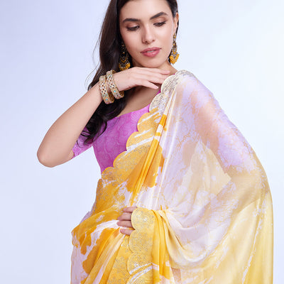 Yellow Poly Chiffon Festival Saree With Blouse Piece