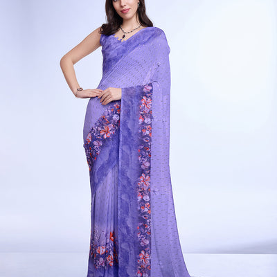 Purple Poly Chiffon Festival Saree With Blouse Piece