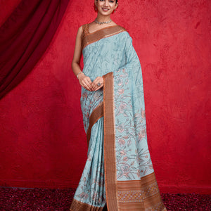 Blue Poly Silk Festival Saree With Blouse Piece