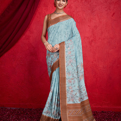 Blue Poly Silk Festival Saree With Blouse Piece