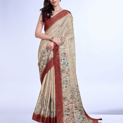 Cream Poly Silk Daily Wear Saree With Blouse Piece