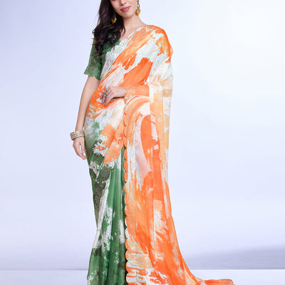 Orange Poly Chiffon Festival Saree With Blouse Piece