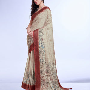Cream Poly Silk Daily Wear Saree With Blouse Piece
