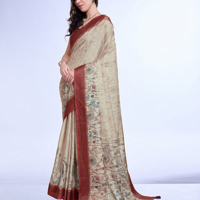Cream Poly Silk Daily Wear Saree With Blouse Piece