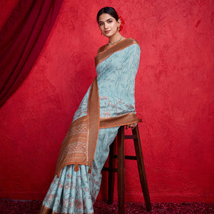 Blue Poly Silk Festival Saree With Blouse Piece