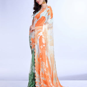 Orange Poly Chiffon Festival Saree With Blouse Piece