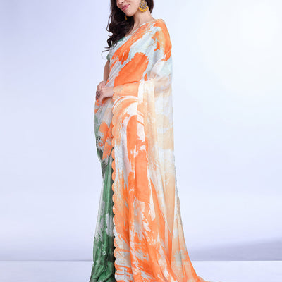 Orange Poly Chiffon Festival Saree With Blouse Piece
