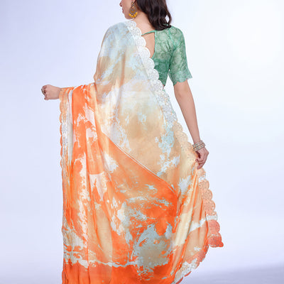 Orange Poly Chiffon Festival Saree With Blouse Piece