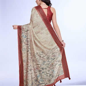 Cream Poly Silk Daily Wear Saree With Blouse Piece