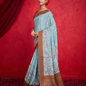 Blue Poly Silk Festival Saree With Blouse Piece