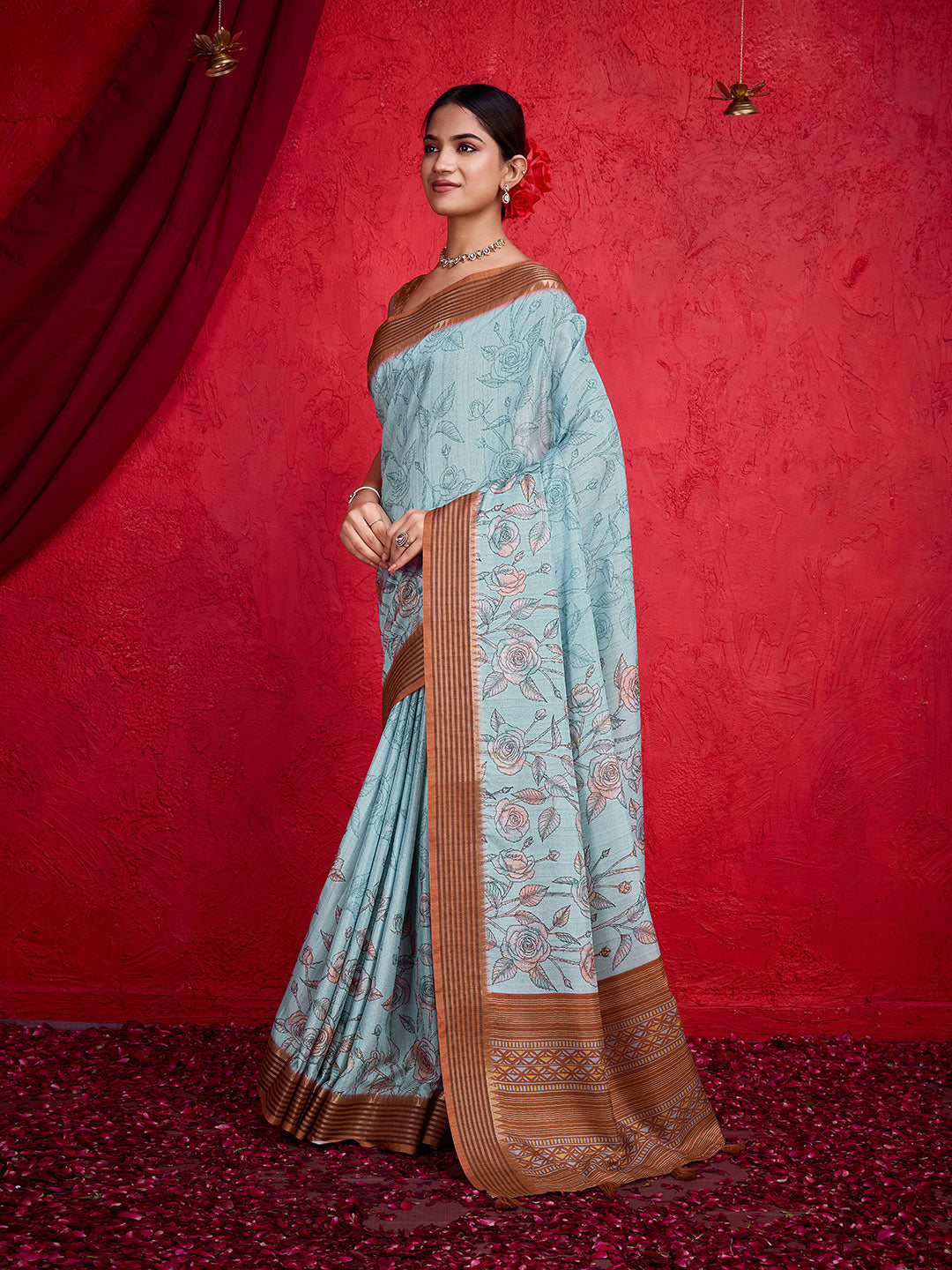 Blue Poly Silk Festival Saree With Blouse Piece