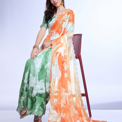 Orange Poly Chiffon Festival Saree With Blouse Piece