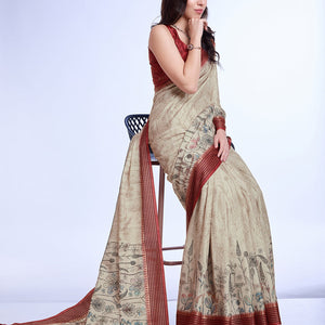 Cream Poly Silk Daily Wear Saree With Blouse Piece
