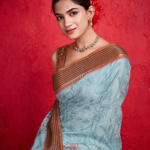 Blue Poly Silk Festival Saree With Blouse Piece