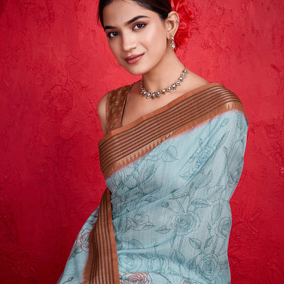 Blue Poly Silk Festival Saree With Blouse Piece
