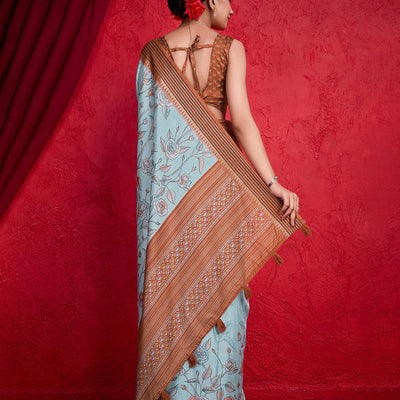 Blue Poly Silk Festival Saree With Blouse Piece