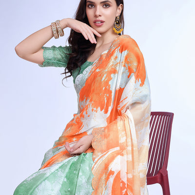 Orange Poly Chiffon Festival Saree With Blouse Piece
