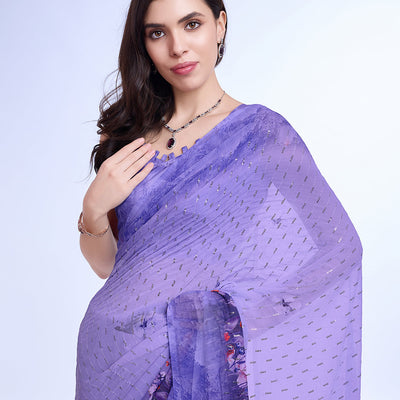 Purple Poly Chiffon Festival Saree With Blouse Piece