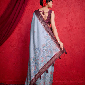 Grey Poly Silk Festival Saree With Blouse Piece