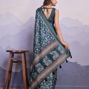 Blue Poly Silk Festival Saree With Blouse Piece