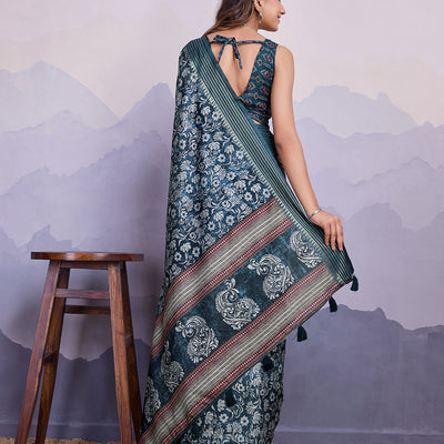 Blue Poly Silk Festival Saree With Blouse Piece